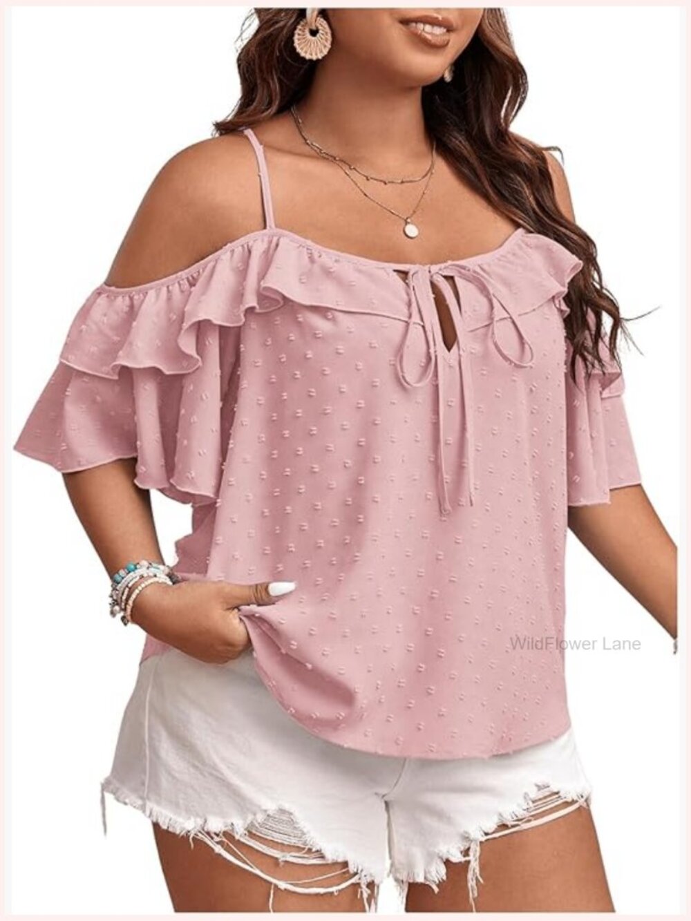 Plus Size Cold Shoulder Blouse Ruffle Tie Front Swiss Dots Top